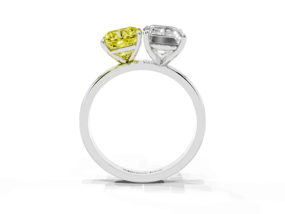 Fancy Yellow Cushion Cut and Emerald Cut Toi Moi Ring with Prong Setting Silver