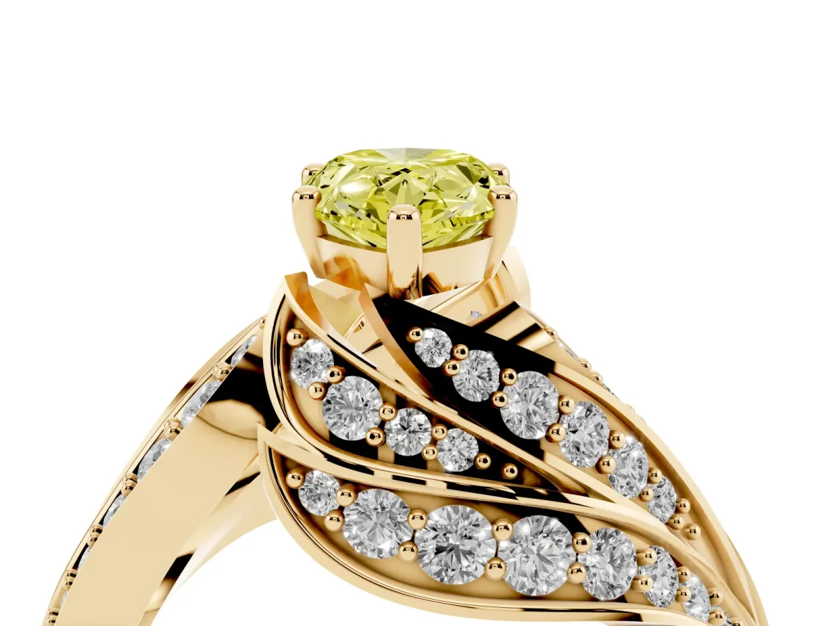 Fancy Yellow Pear Cut Diamond Solitaire Ring with Prong Setting and Twisted Pavé Band Yellow gold