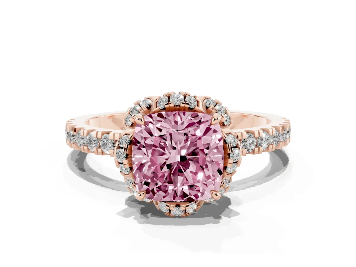 Fancy Pink Cushion Cut Halo Diamond Pave Band Ring with Four-Prong Setting Rose gold