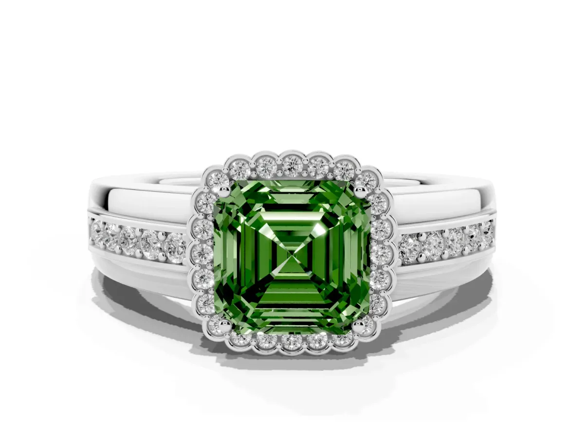 Fancy Green Asscher Cut Cut Halo Pave Band Four-Prong Ring Platinum