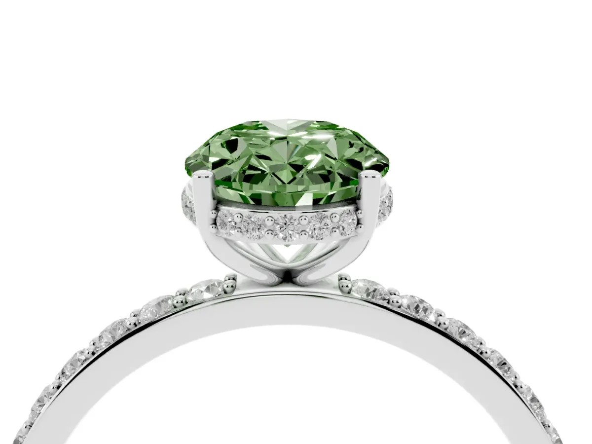 Fancy Green Oval Cut Diamond Solitaire Ring with Pavé Band and Hidden Halo Silver