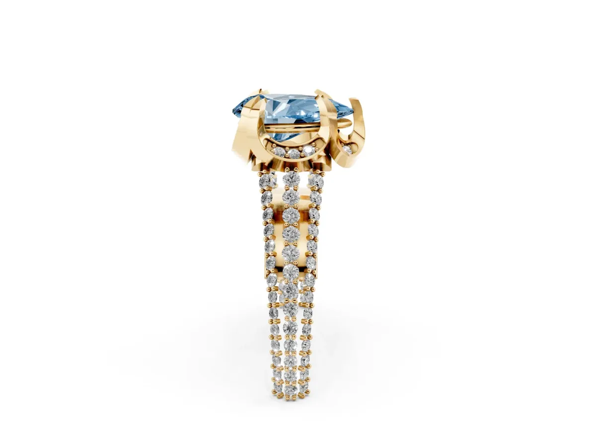 Fancy Blue Pear Cut Solitaire Pave Split Shank Ring with Four-Prong Setting Yellow gold