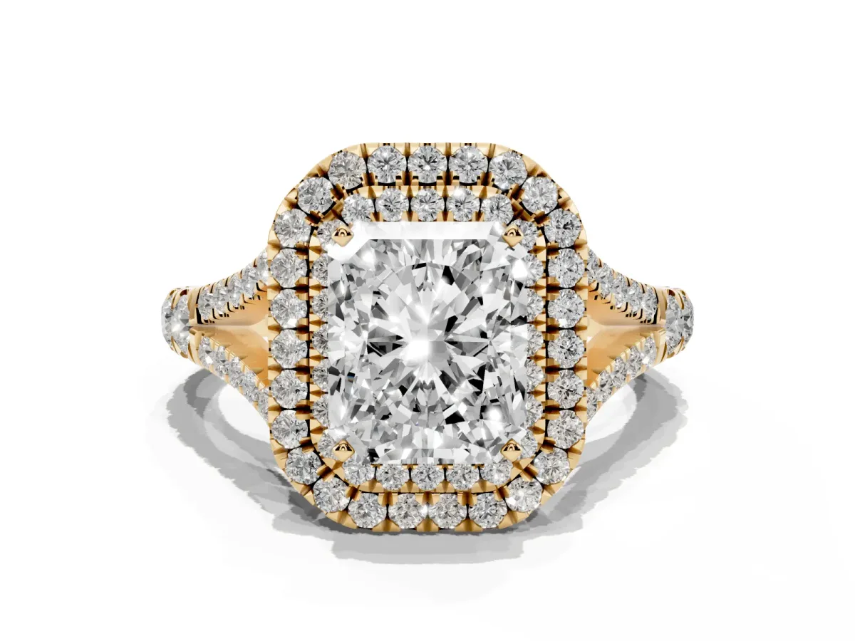 Double Halo Radiant Cut Diamond Split Shank Engagement Ring with Four-Prong Setting Yellow gold