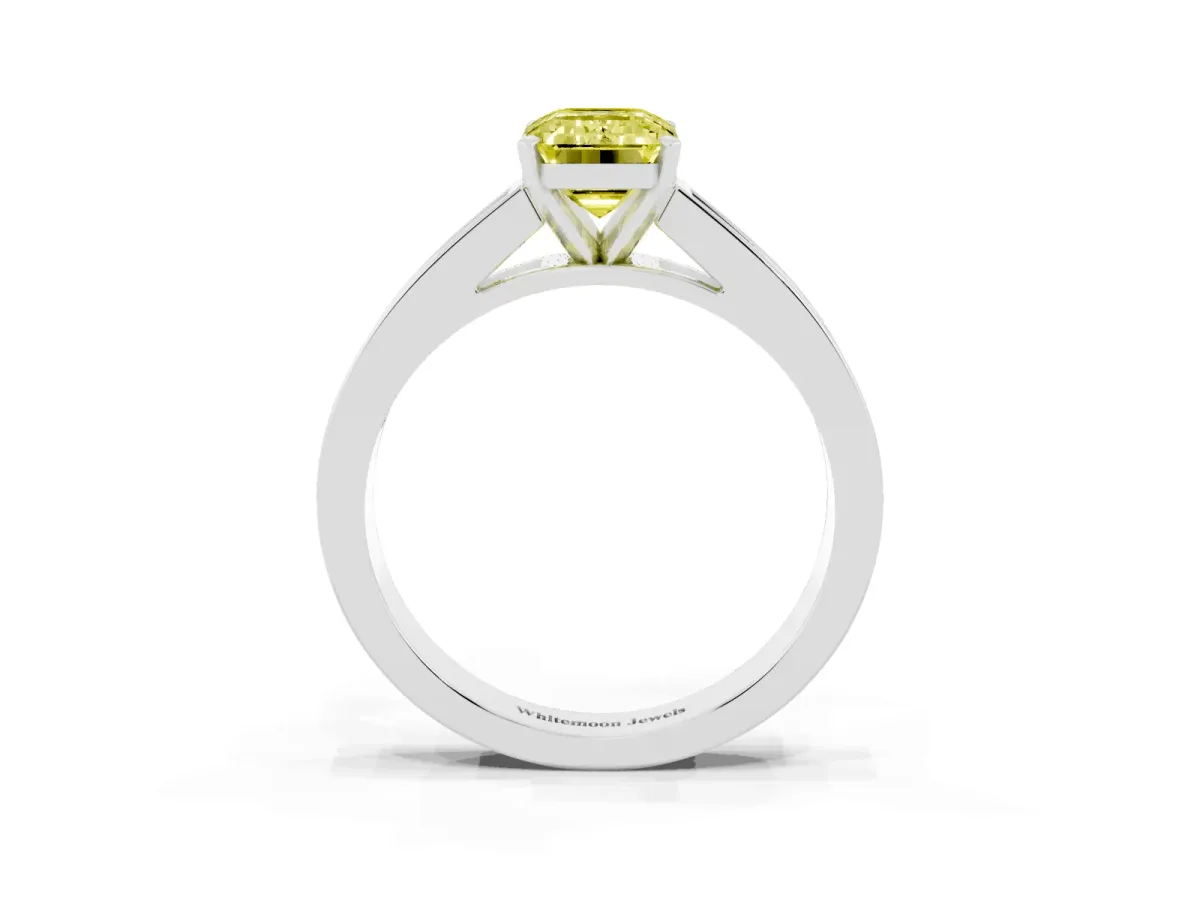 Fancy Yellow Emerald Cut Solitaire Diamond Ring with Channel-Set Band and Four-Prong Setting Silver