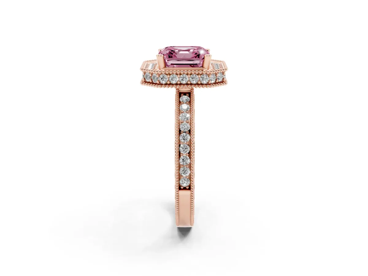 Fancy Pink Asscher Cut Diamond Milgrain Halo Engagement Ring with Round Pavé Band and Prong Setting Rose gold
