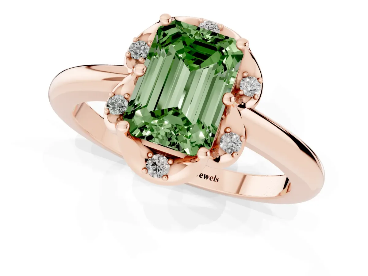 Fancy Green Emerald Cut Halo Diamond Ring with Round Cluster Setting, Solitaire Band, and Four-Prong Setting Rose gold