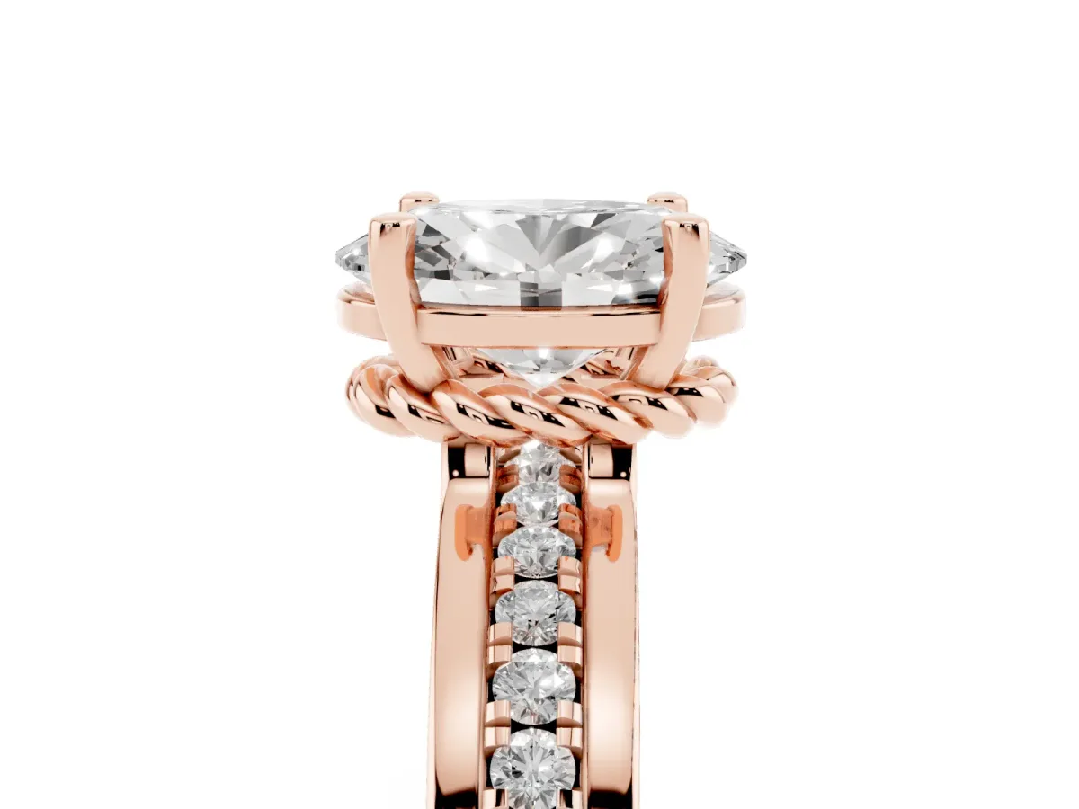 Oval Cut Solitaire Diamond Ring with Channel Set Band and Six-Prong Setting Rose gold