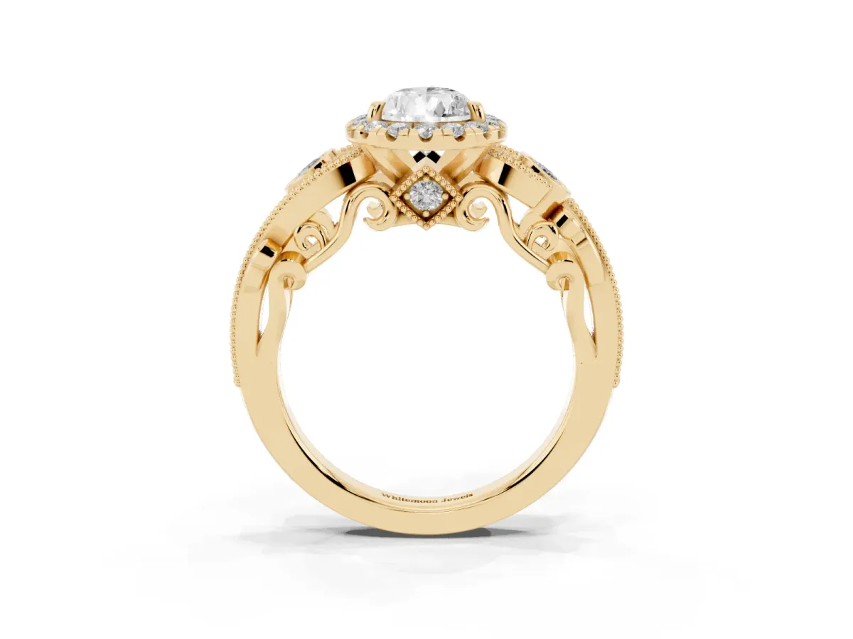 Pear Cut Diamond Halo Ring with Milgrain Pavé Band and Four-Prong Setting Yellow gold