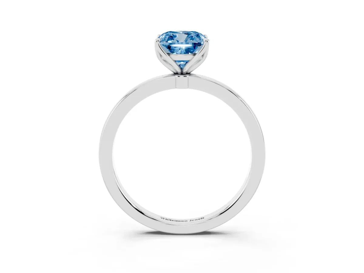 Fancy Blue Cushion Cut Diamond Solitaire Ring with Thin Band and Prong Setting Platinum