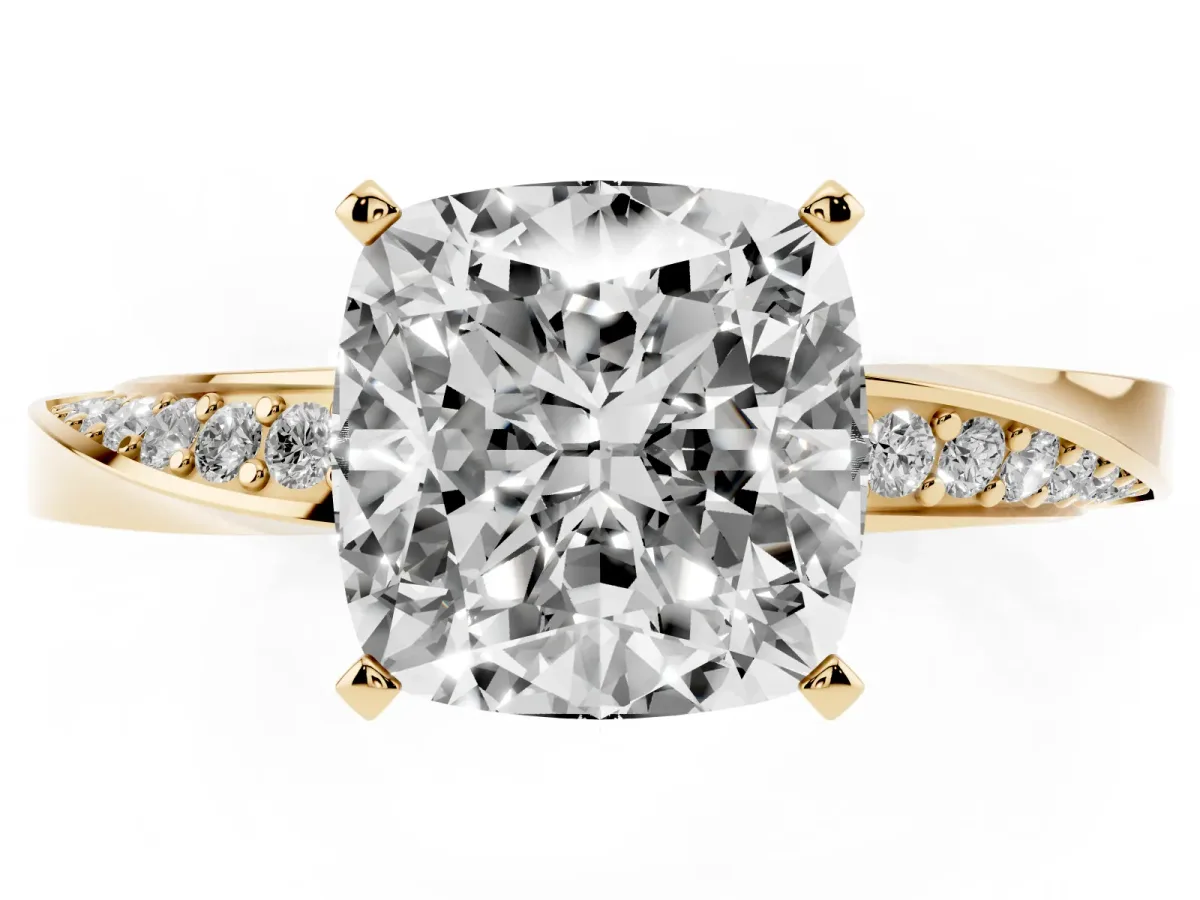 Cushion Cut Diamond Engagement Ring with Side Stone Accents and Four-Prong Setting Yellow gold