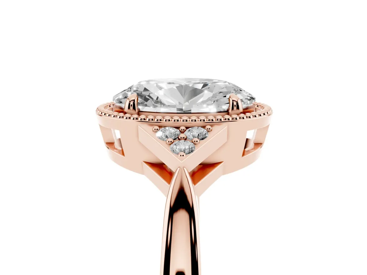 Hexagonal Halo Oval Cut Diamond Solitaire with Pavé Band and Four-Prong Setting Rose gold