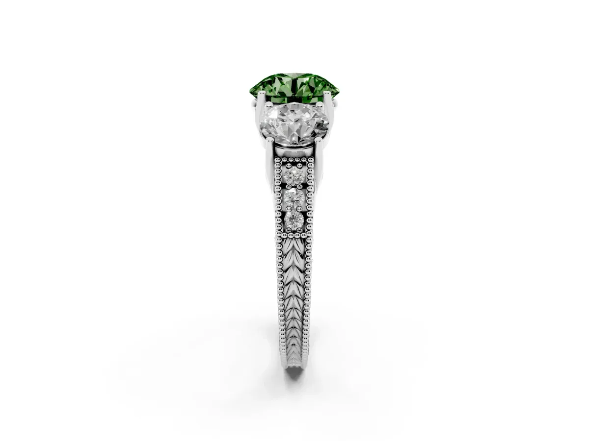 Fancy Green Three-Stone Round Cut Cut Milgrain Pavé Engagement Ring Platinum