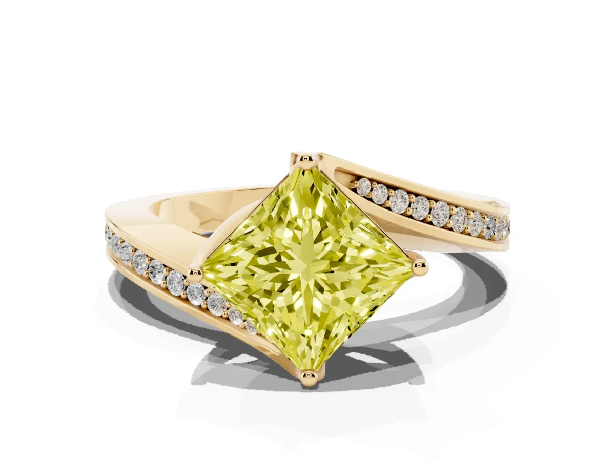 Fancy Yellow Princess Cut Solitaire Diamond Twist Band with Pavé Setting and Four-Prong Setting Yellow gold