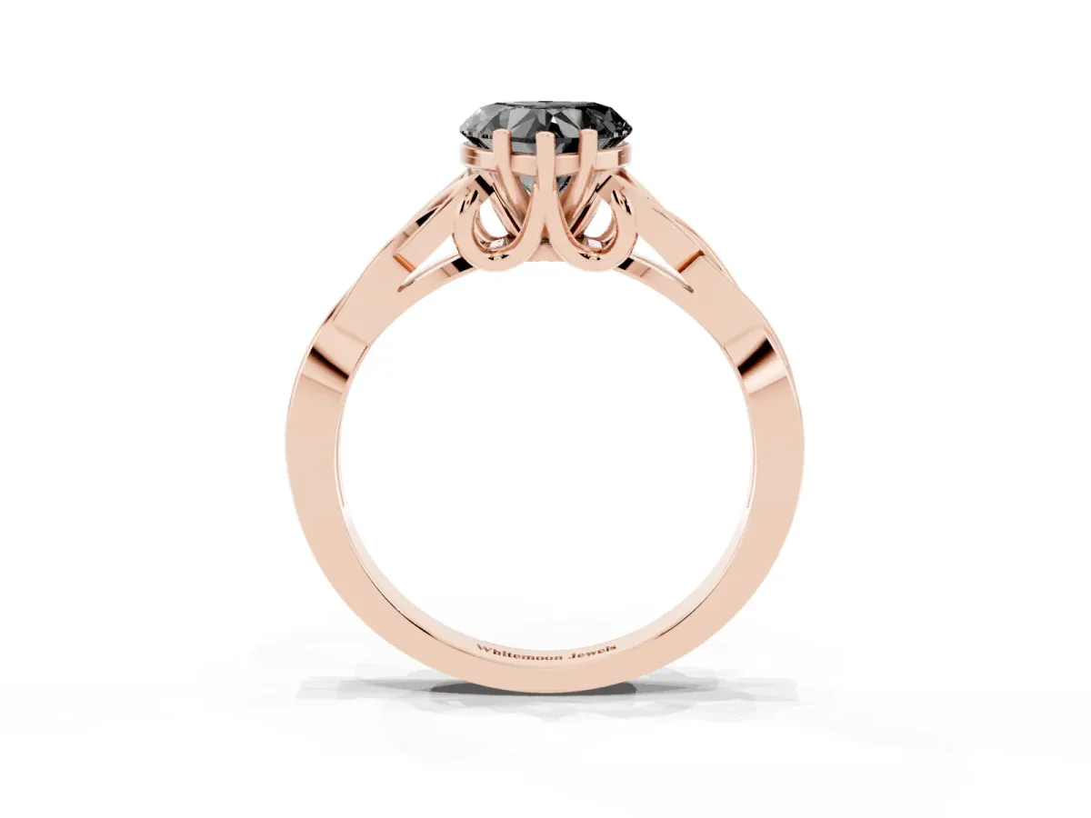 Fancy Black Heart Cut Diamond Solitaire Engagement Ring with Celtic Knot Band and Four-Prong Setting Rose gold