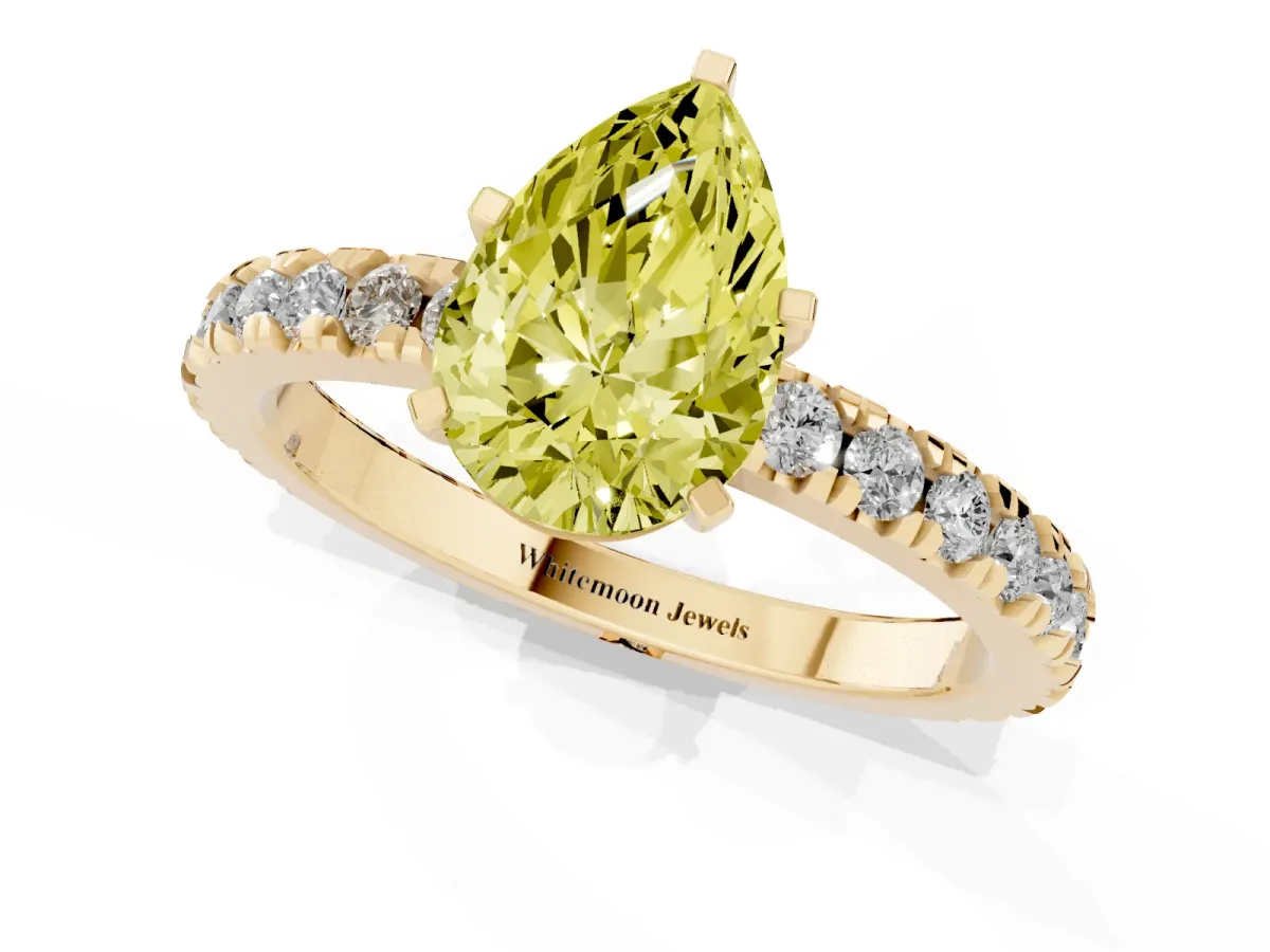 Fancy Yellow Pear Cut Diamond Pavé Band Solitaire with Four-Prong Setting Yellow gold