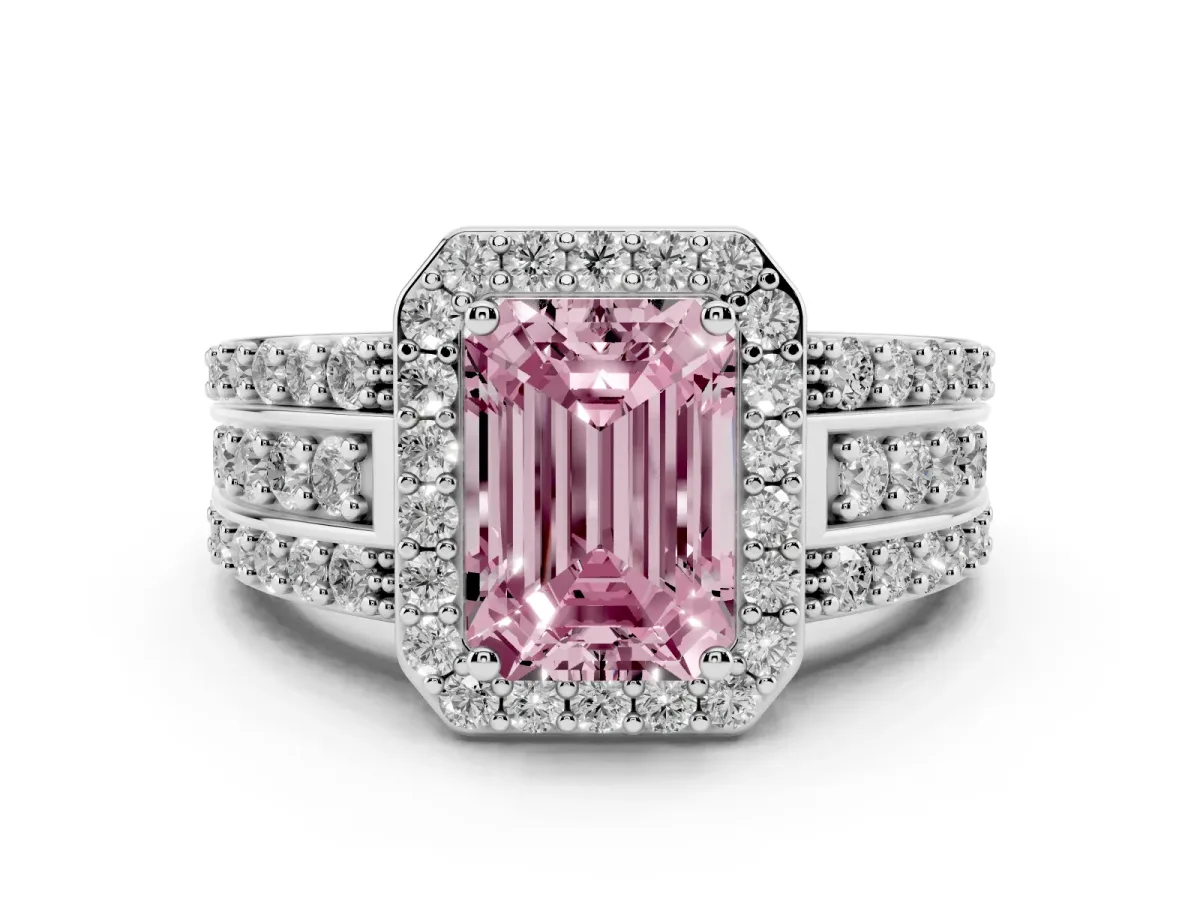 Fancy Pink Emerald Cut Halo Diamond Ring with Round Split Shank and Prong Setting White gold