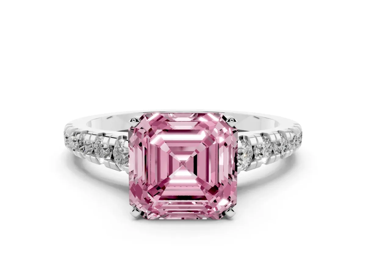 Fancy Pink Asscher Cut Diamond Cathedral Solitaire Ring with Round Pavé Band Silver