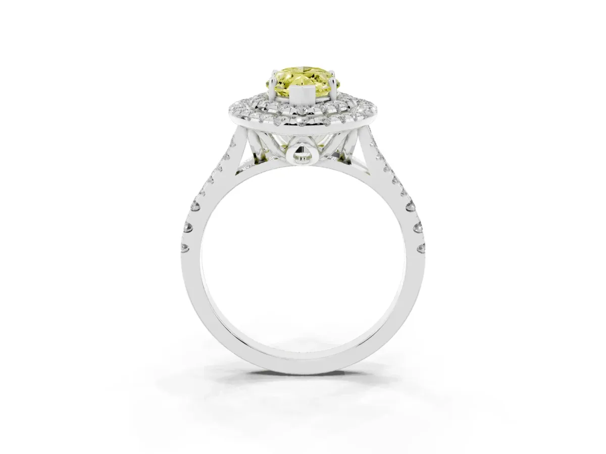 Fancy Yellow Double Halo Marquise Cut Diamond Pavé Split Shank Ring with Prong Setting Silver