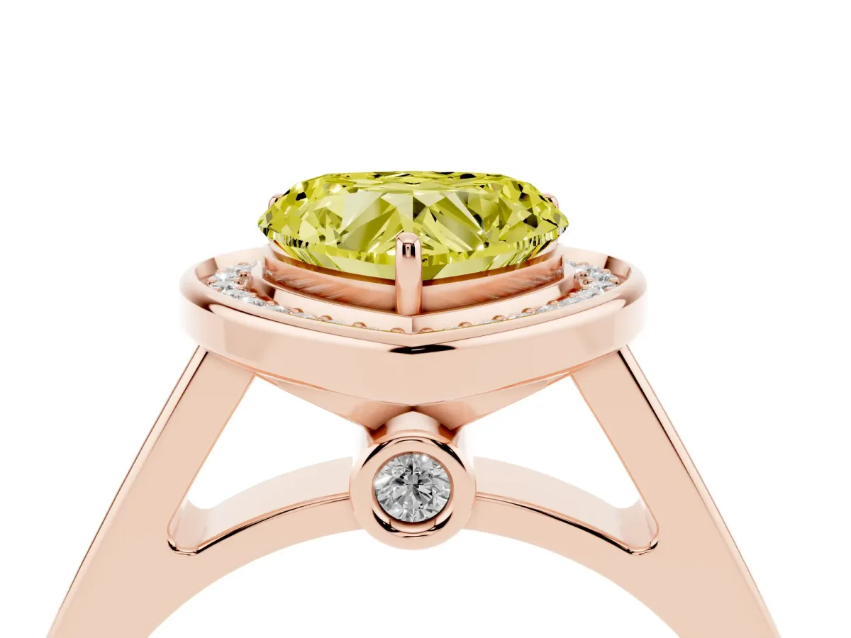Fancy Yellow Heart Cut Halo Solitaire Diamond Ring with Pave Band and Bezel Setting Rose gold