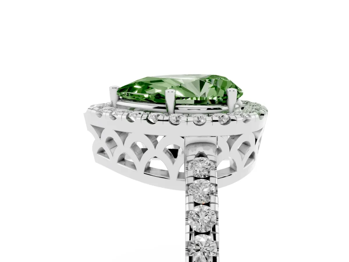 Fancy Green Pear Cut Halo Diamond Engagement Ring with Pavé Band and Four-Prong Setting Silver