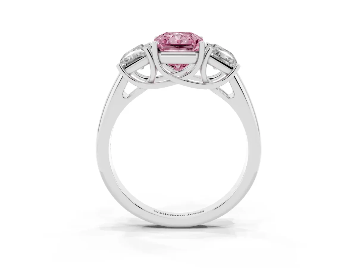 Fancy Pink Three-Stone Radiant Cut Diamond Engagement Ring with Prong Setting Silver