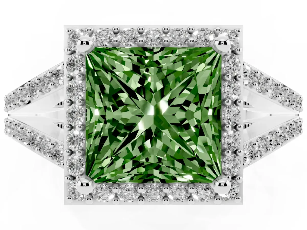Fancy Green Princess Cut Halo Split Shank Diamond Ring with Prong Setting White gold