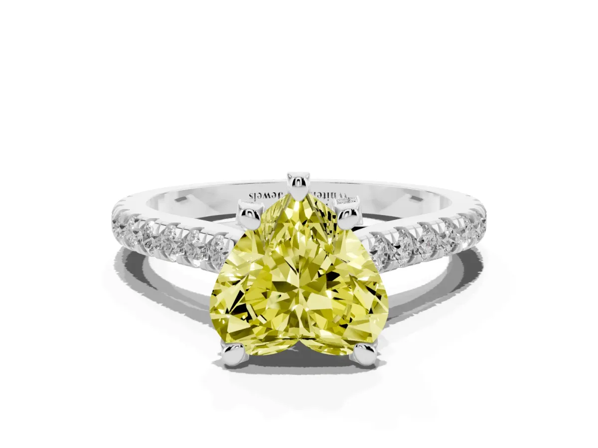 Fancy Yellow Heart Cut Brilliant Diamond Solitaire with Pavé Band and Four-Prong Setting Silver