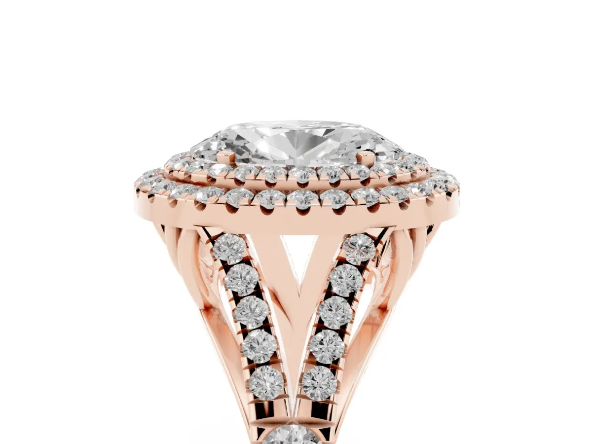 Oval Cut Cut Double Halo Split Shank Diamond Ring with Prong Setting Rose gold