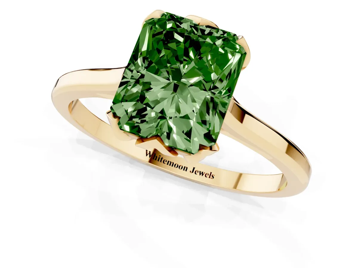 Fancy Green Radiant Cut Diamond Solitaire Ring with Flower Prong Setting and Classic Band Yellow gold