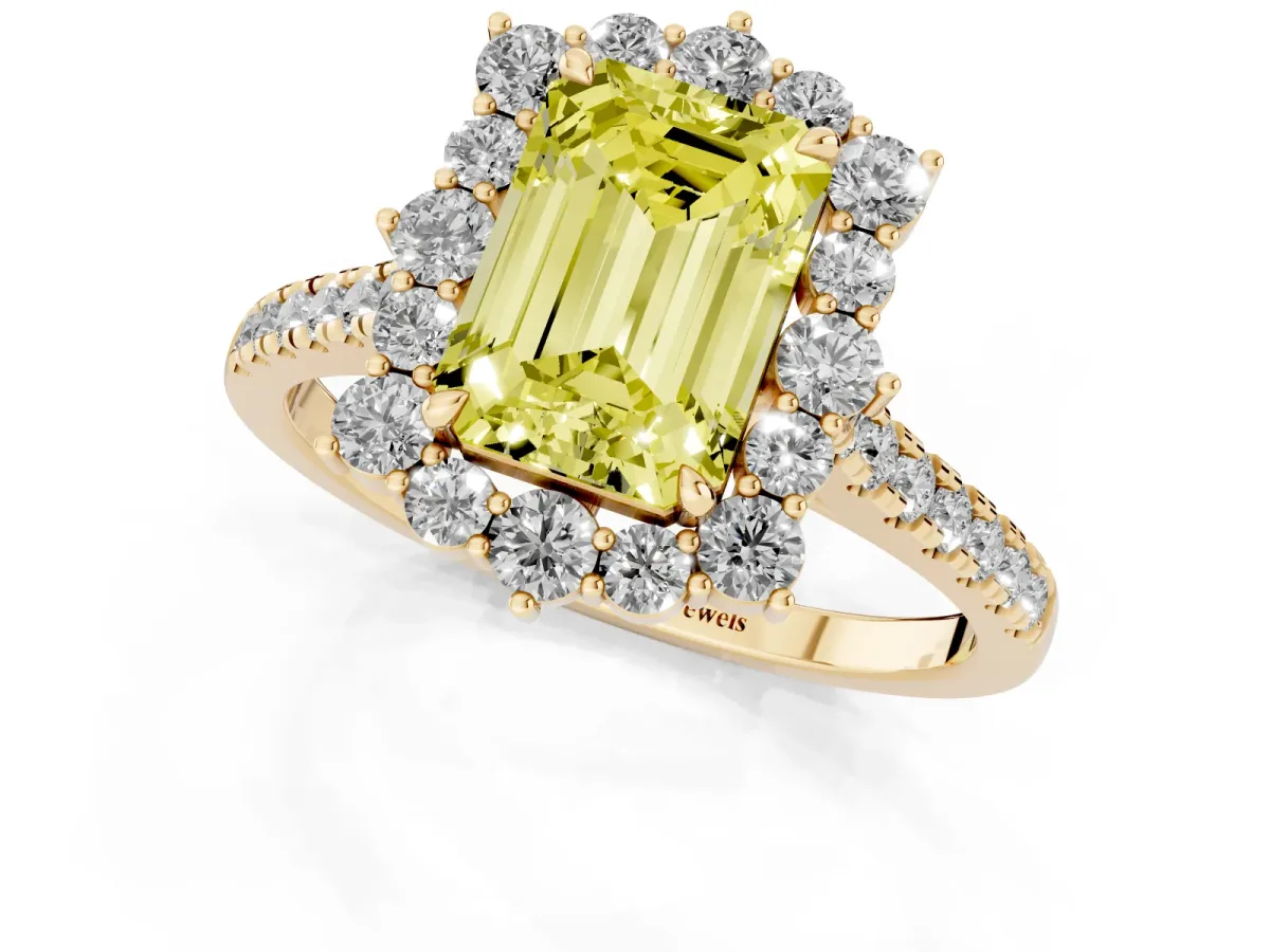 Fancy Yellow Emerald Cut Halo Diamond Ring with Pavé Band and Prong Setting Yellow gold