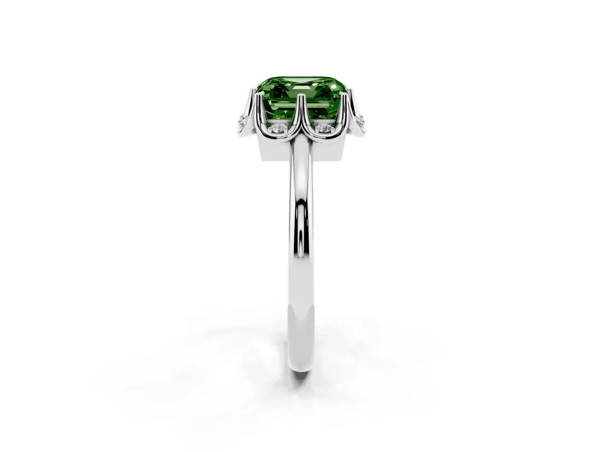 Fancy Green Asscher Cut Halo Diamond Ring with Round Cluster Setting, Solitaire Band, and Four-Prong Setting Platinum