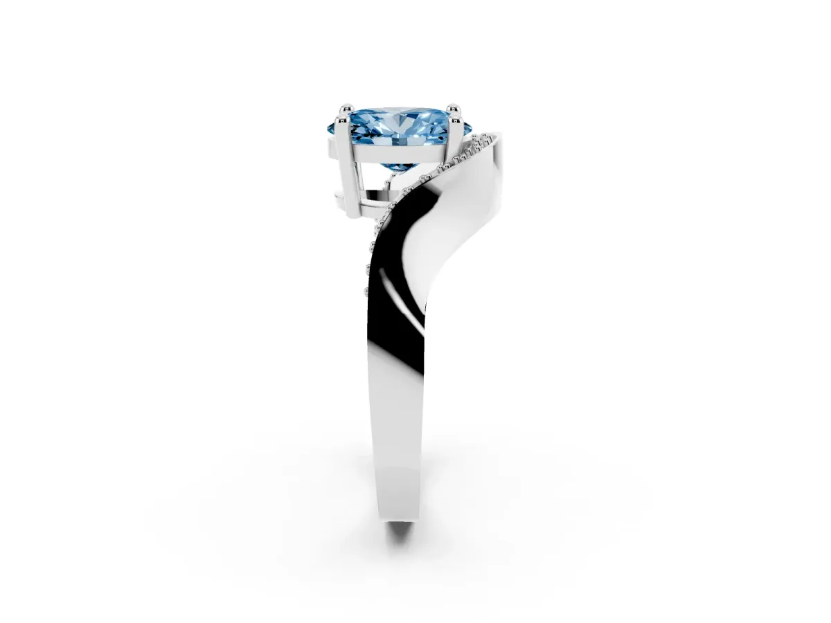 Fancy Blue Oval Cut Solitaire Diamond Engagement Ring with Pave Band and Four-Prong Setting Silver