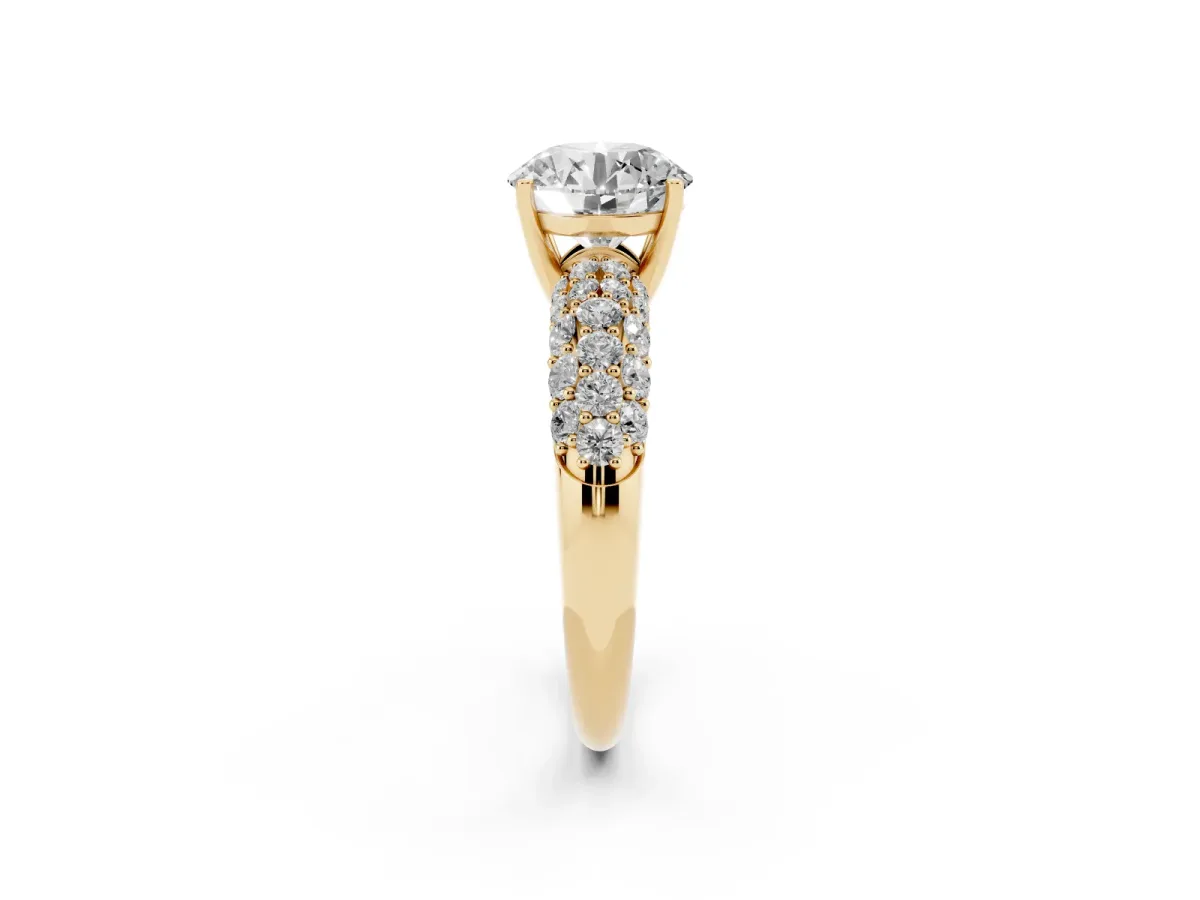Round Cut Diamond Pavé Band Solitaire Ring with Four-Prong Setting Yellow gold