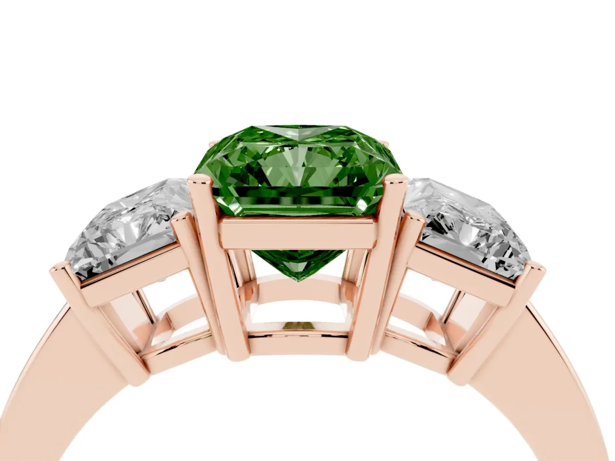 Fancy Green Three-Stone Radiant Cut Cut Diamond Engagement Ring with Flat Band and Four-Prong Setting Rose gold