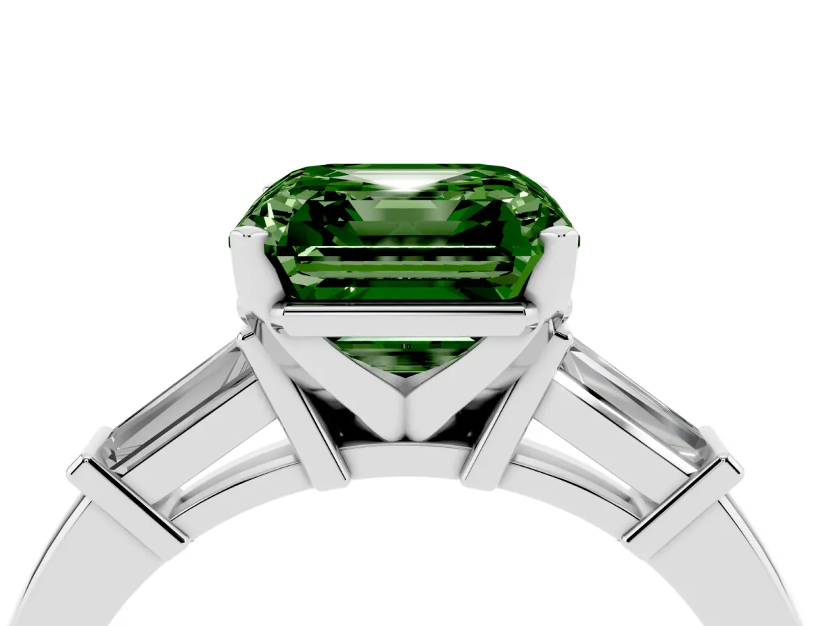 Fancy Green Asscher Cut Cut Diamond Solitaire Ring with Tapered Baguette Accents and Four-Prong Setting Platinum