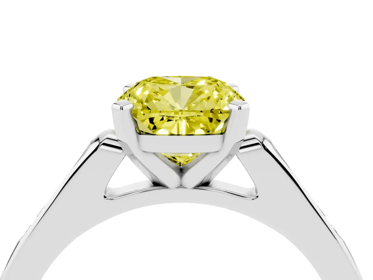 Fancy Yellow Cushion Cut Diamond Solitaire Ring with Channel Set Round Band and Prong Setting Silver