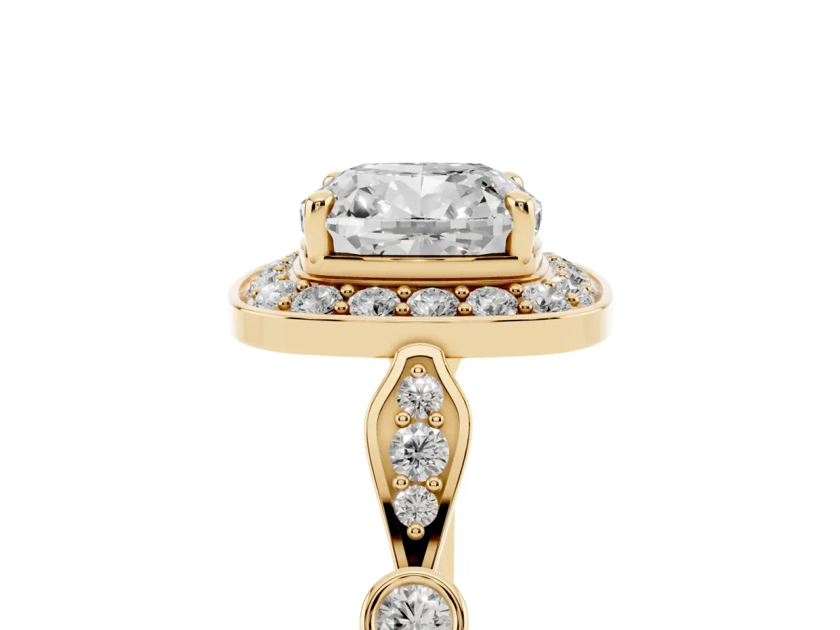 Cushion Cut Halo Diamond Engagement Ring with Twisted Band and Four-Prong Setting Yellow gold
