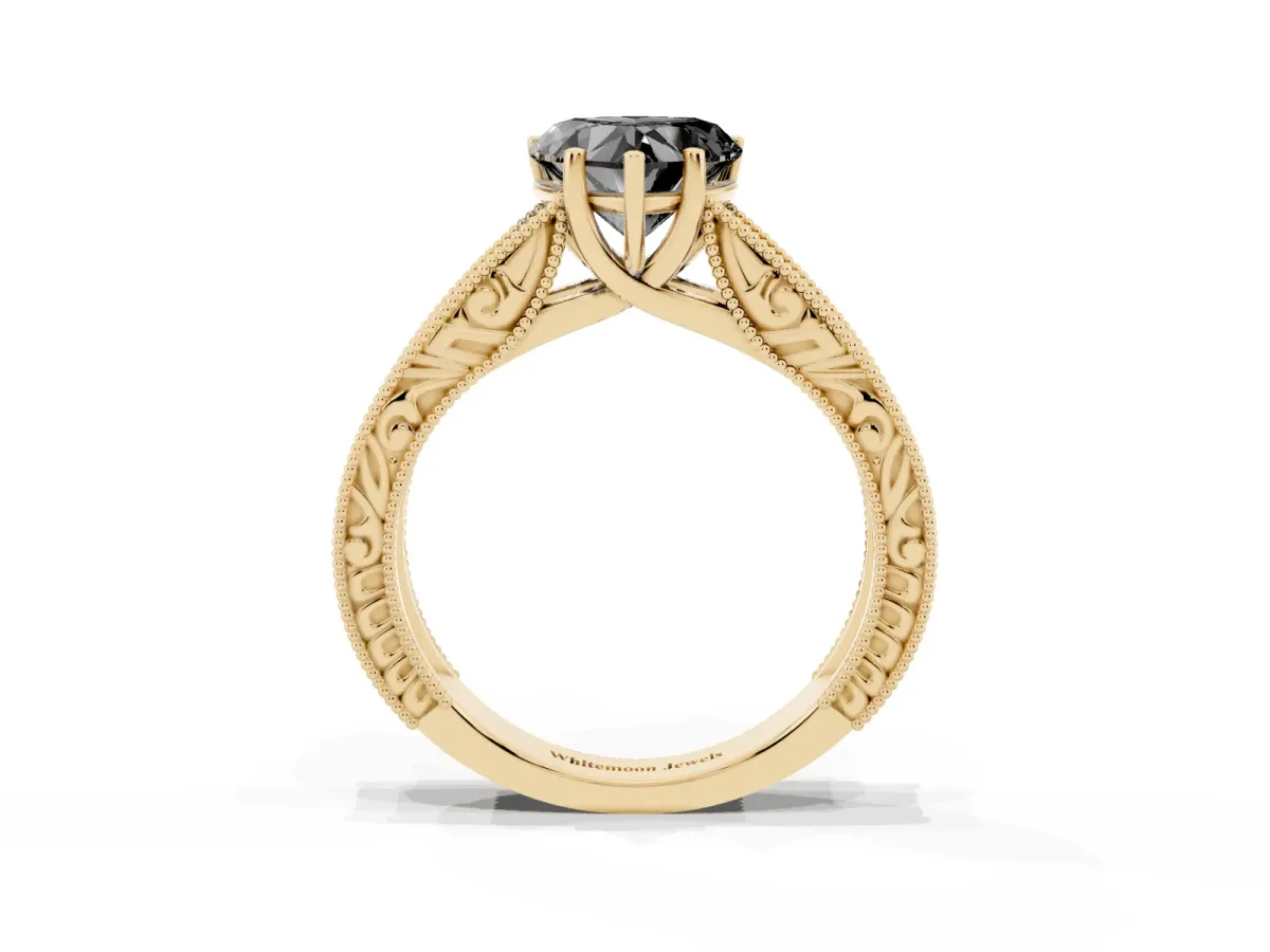 Fancy Black Heart Cut Diamond Solitaire Ring with Engraved Band and Four-Prong Setting Yellow gold