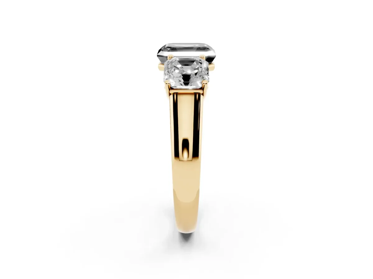 Fancy Black Asscher Cut Three-Stone Diamond Ring with Prong Setting on a Classic Band Yellow gold