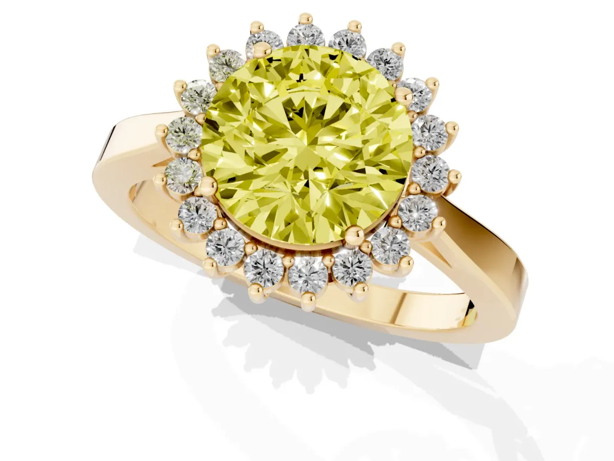 Fancy Yellow Round Cut Cut Diamond Halo Ring with Round Brilliant Halo and Solitaire Band Yellow gold