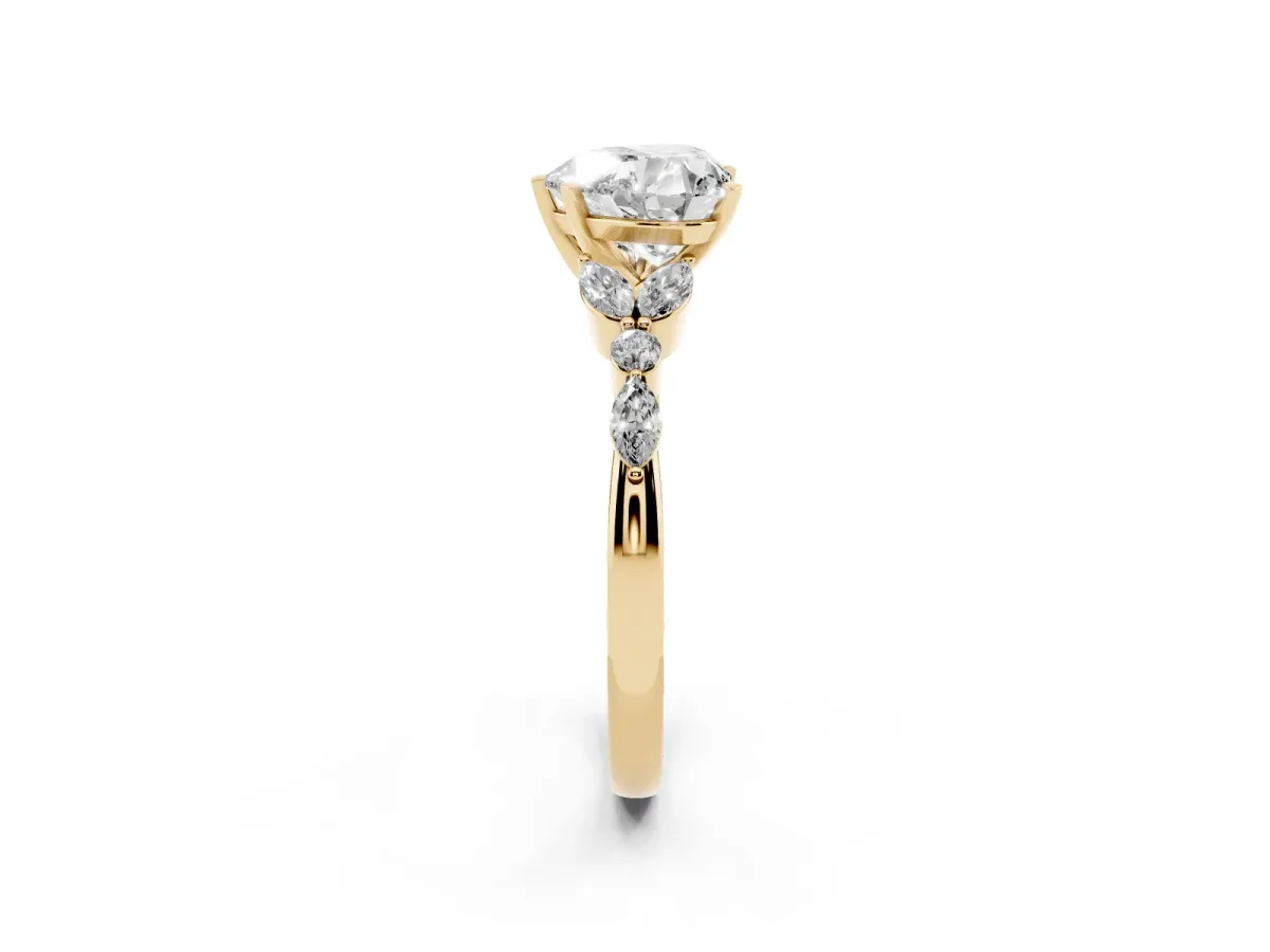 Heart Cut Diamond Solitaire Ring with Side Stones and Four-Prong Setting Yellow gold