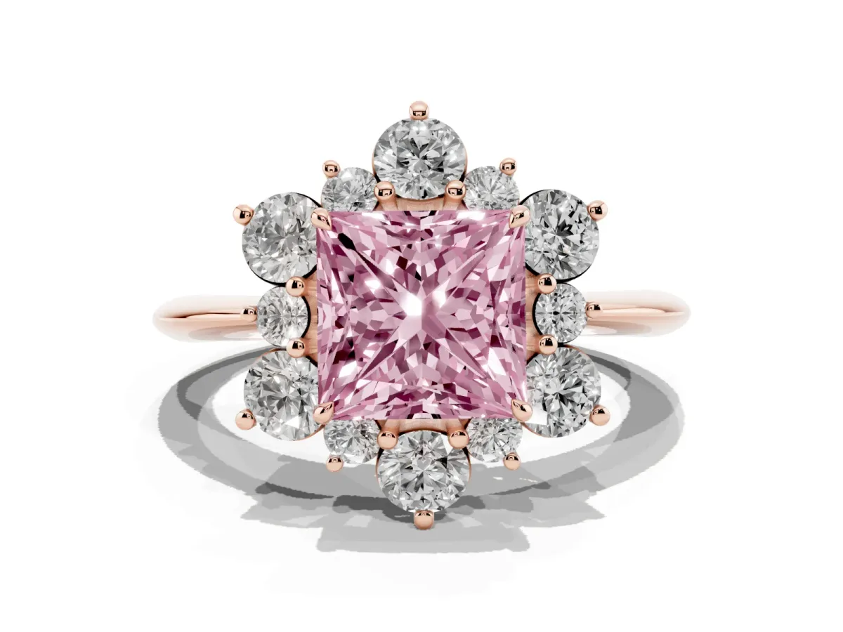 Fancy Pink Princess Cut Diamond Cluster Halo Ring with Solitaire Band and Four-Prong Setting Rose gold
