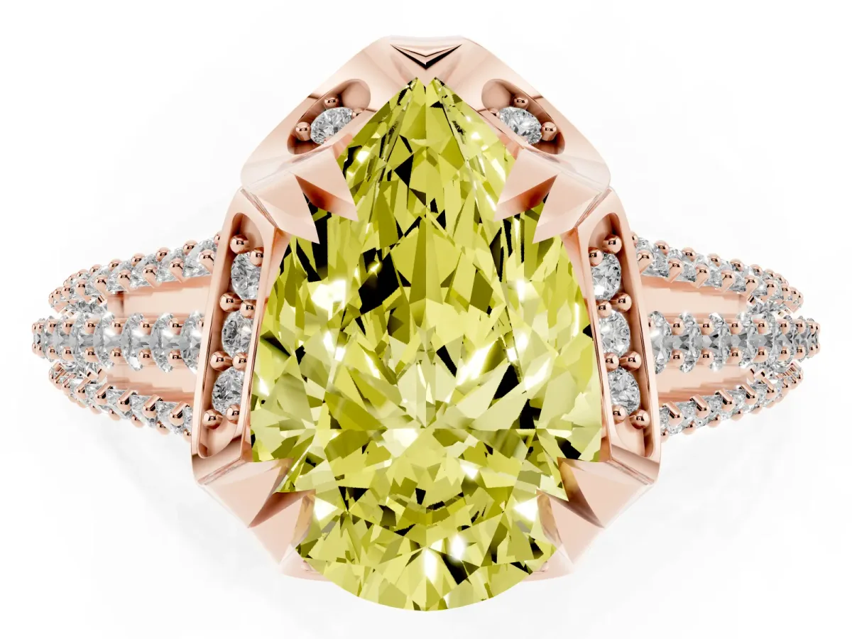 Fancy Yellow Pear Cut Solitaire Pave Split Shank Ring with Four-Prong Setting Rose gold