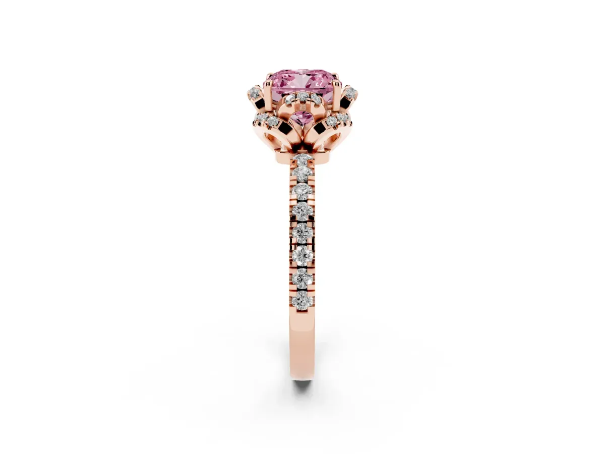Fancy Pink Cushion Cut Diamond Halo Pave Band with Four-Prong Setting Rose gold