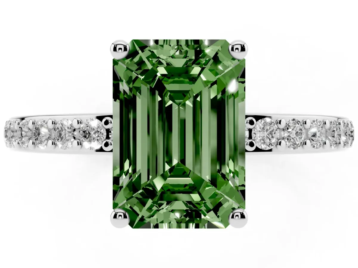 Fancy Green Emerald Cut Cut Diamond Pavé Band Ring with Four-Prong Setting Silver