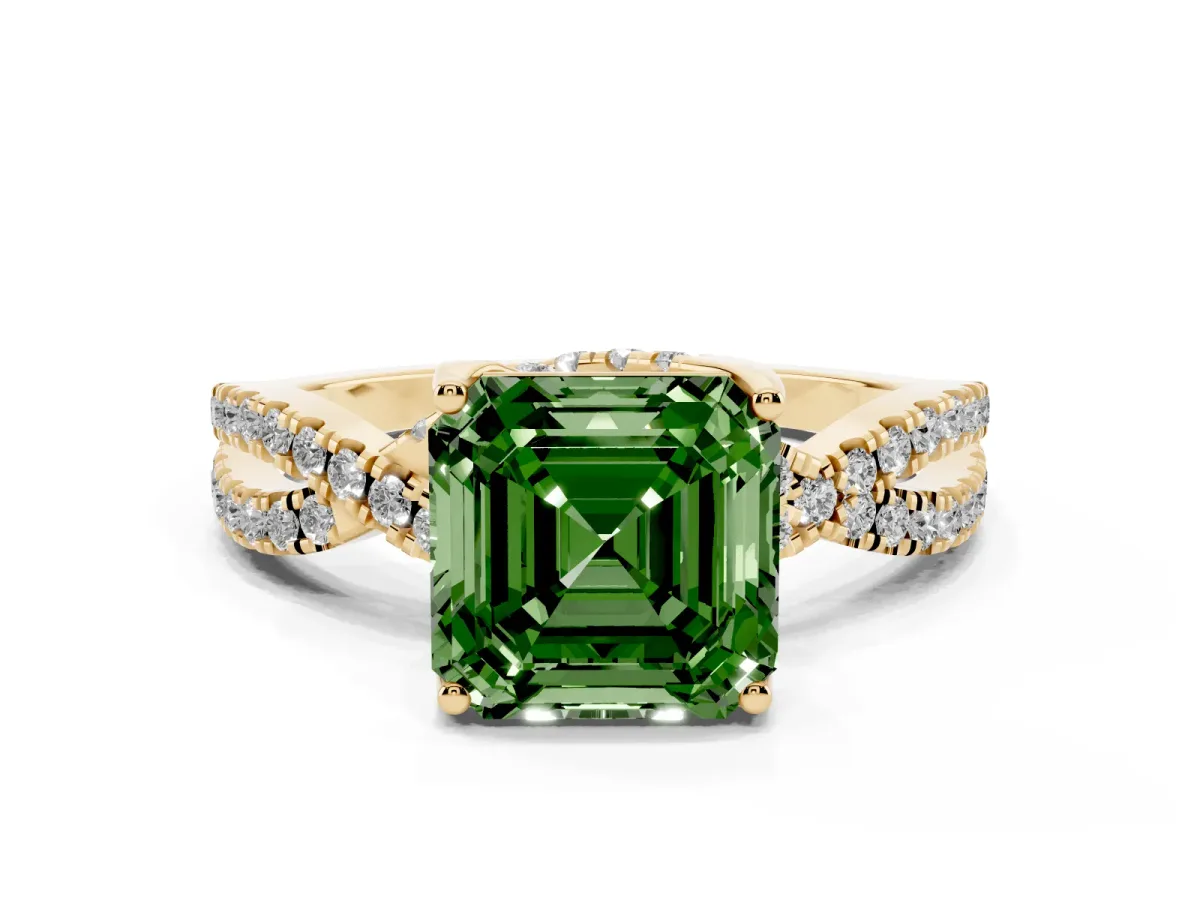 Fancy Green Asscher Cut Solitaire Twist Pave Diamond Engagement Ring with Prong Setting Yellow gold