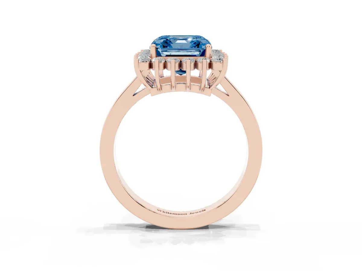 Fancy Blue Asscher Cut Cut Diamond Halo Ring with Round Brilliant Halo and Solitaire Band Rose gold