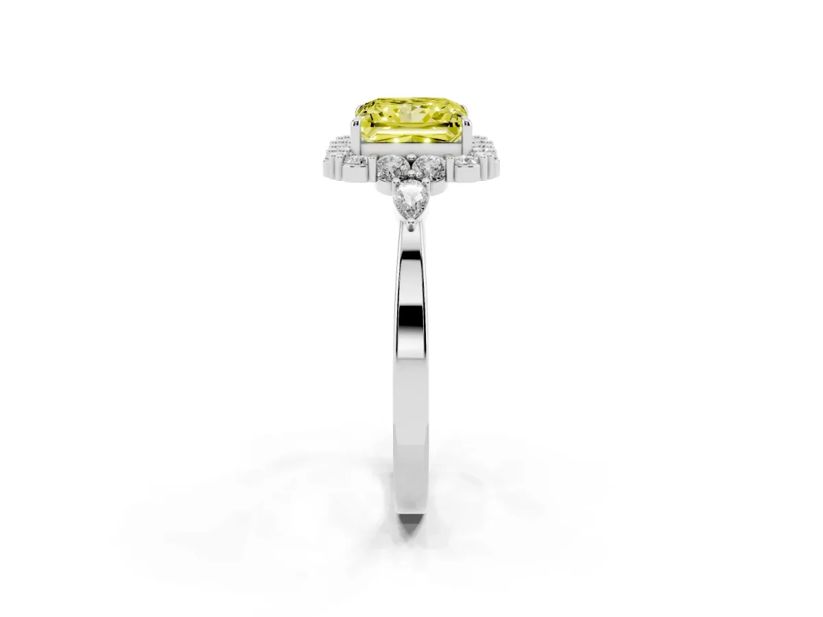 Fancy Yellow Princess Cut Diamond Halo Ring with Pear Side Stones and Prong Setting Silver