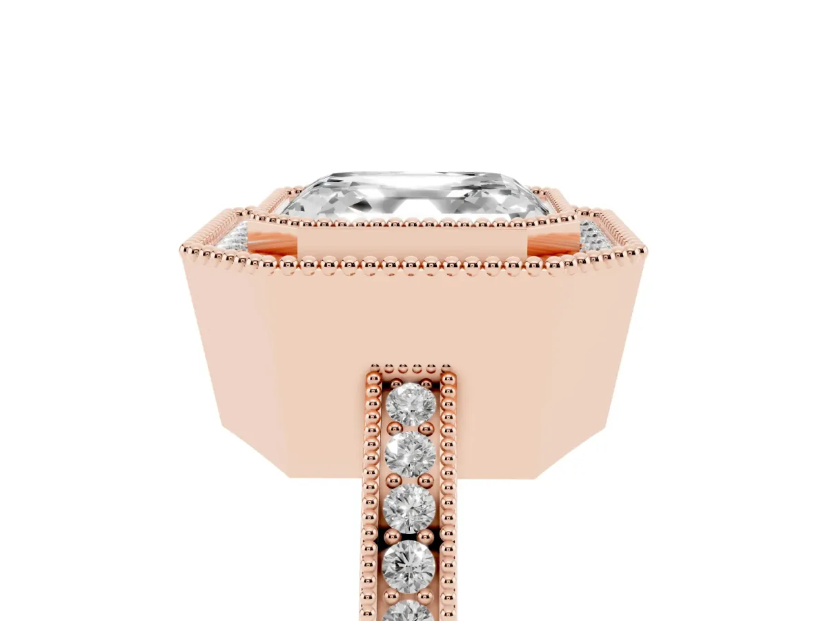 Asscher Cut Cut Halo Diamond Ring with Pavé Band and Milgrain Prong Setting Rose gold