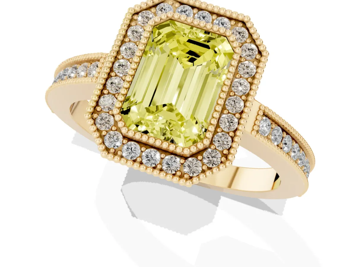 Fancy Yellow Emerald Cut Cut Halo Diamond Ring with Pavé Band and Milgrain Prong Setting Yellow gold